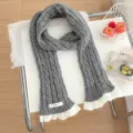 Korean style grey knitted cable scarf with sweet white lace trim for winter warmth and cozy student style. - Gray