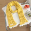 Winter yellow knitted scarf with delicate white lace trim cozy cable knit design warm stylish neck wrap - Yellow