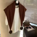 Women vintage wool knitted triangle scarf with pom poms and chic sweater set elegant - Solid Coffee