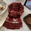 Bufanda de punto jacquard Fair Isle retro de invierno, bufanda roja cálida detalle. - 22*160cm / Rojo