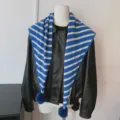 Stylish blue white striped knit triangle scarf with cute pom poms for women autumn winter. - Striped Blue