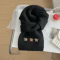 Black knitted scarf for autumn and winter, soft warm neckerchief with cute pony embroidery. - Approx 170x21cm / Black