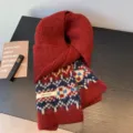 Cozy red Fair Isle knit scarf detail shot, thick warm winter accessory with classic pattern. - Burgundy