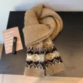 Cozy brown Fair Isle knitted scarf for women, thick warm winter shawl and neckerchief. - Camel