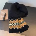 Korean style winter warm knitted scarf with classic Fair Isle pattern thick cozy shawl for women - Black