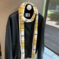 Striped narrow wool scarf for women, chic knit baguette neck warmer, stylish winter accessory. - Yellow and White
