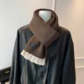Autumn winter brown knitted scarf with sweet white lace trim, warm neck warmer accessory. - 160cm / Coffee