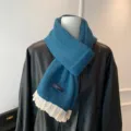 Sweet lace knit scarf for women, warm winter blue neck warmer with delicate white lace trim details. - 160cm / Lake Blue