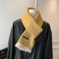 Yellow knitted scarf with white lace trim, sweet style autumn winter warm neck wrap. - 160cm / Turmeric
