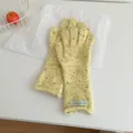 Yellow speckled knit gloves, long winter warm mittens with stylish cuff label design for women. - Gloves / Yellow