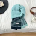 Blue striped knitted scarf for women, cozy winter thermal neck warmer with soft texture. - Contrast Light Blue
