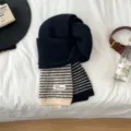 Striped knit scarf for women, warm winter neckwear, cozy korean style fashion accessory. - Contrast Black