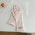 Pink speckled knit gloves for women, warm winter long gloves with cute woven label design. - Gloves / Pink