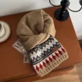 Cozy winter thick knit neck warmer with retro Fair Isle pattern and warm brown color. - Fair Isle Diamond - Khaki