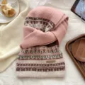 Pink fair isle knitted winter scarf, thickened warm cozy neck warmer for women and girls. - Pink