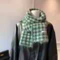 Green plaid knit scarf winter warm fluffy fuzzy tartan stylish warm thick neck warmer - Green Plaid