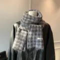 Retro plaid knitted scarf for women, winter warm woolen large shawl, casual versatile neckerchief. - Grey Blue Grid