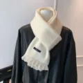 Off-white knitted scarf with elegant lace trim and brand label for autumn and winter. - 160cm / Off White