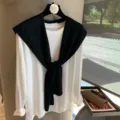 Conjunto de dos piezas camisa blanca de manga larga y chal de punto negro para mujer chic - Negro