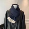 Dark blue knit scarf with white lace trim, sweet style winter warm neck wrap accessory. - 160cm / Navy Blue