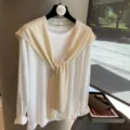 Korean minimalist solid color long sleeve t-shirt with draped knitted shawl for elegant daily wear. - Beige