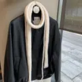 Solid color double-string thin narrow wool long scarf women's niche design Korean fashion knit - Beige