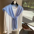 Blue knit shawl paired with white long sleeve t-shirt, stylish women clothing variant. - Sky Blue