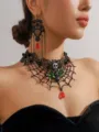 Gothic black lace spider web skull choker necklace and matching earrings set for women. - Mesh Choker Earrings Set (LKN003BK) / Black