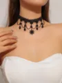 Vintage black lace choker necklace with teardrop black beads and gothic floral pendant. - Vintage Tassel Drop Gemstone Choker (LKN013BK) / Black