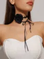Exquisite black rose lace choker necklace for women, gothic dark style jewelry piece. - Faux Black Rose Ribbon Choker (LKN014BK) / Black