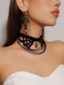 Gothic Black Lace Choker Necklace and Long Tassel Earrings Set with Skull and Red Gem Pendant - Skull Tassel Necklace Earrings Set (LKN004BK)