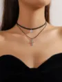 Double layer black choker necklace with rhinestone cross and solitaire pendant jewelry. - Double Layer Thin Cord Cross Pendant Choker (LKN010BK)