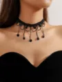Black lace choker necklace with gothic dangling chains and crystal pendants for women. - Gothic Lace Black Crystal Disc Thin Chain Choker (LKN020BK)