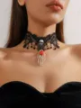 Gothic black lace choker necklace with skull and skeleton hand rose pendant for women. - Skull Wing Bone Hand Holding Red Rose Lace Necklace (LKN024BK)