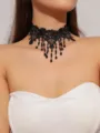 Vintage black lace choker necklace with beaded drops for women gothic jewelry style SKU - Classic Vintage Black Lace Black Beaded Tassel Choker (LKN030BK)