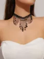Black lace choker necklace with beaded dangles, dark gothic style gothic jewelry. - Multi-Layer Chain Black Crystal Tassel Lace Choker (LKN031BK)