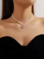 Elegant white faux pearl choker necklace with cute heart pendant for women fashion jewelry - Artificial Pearl Heart Pendant Clavicle Chain (LKN034W)