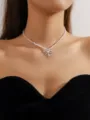 Elegant pearl choker necklace with a sparkling rhinestone bow pendant for women. - Artificial Pearl Rhinestone Bowknot Clavicle Chain (LKN035W)