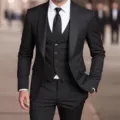 Men's black three-piece slim fit suit wedding business formal wear jacket vest trousers. - XS / Set / Black