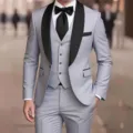Men's grey three-piece suit with black shawl lapel, slim fit wedding tuxedo for formal events. - XS / Set / Gray