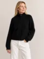 Women full zip ribbed knit cardigan casual loose sweater top detail view front display - M / Tops / Black