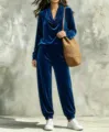 Detailed view of women velvet loungewear set, featuring cowl neck top and jogger pants. - S / Top And Bottom / Blue
