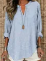 Γυναικείο ρίγες V-neck casual χαλαρό πουκάμισο τοπ με τσέπη και λεπτομέρεια. - S / Tops / Ανοιχτό μπλε
