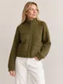 Olive green zip-up knit cardigan for women, featuring a high collar and front pockets. - M / Tops / Green