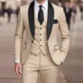 Detailed view of men's beige three-piece suit with black shawl lapel for formal weddings. - XS / Set / Khaki