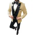 Detail view of a luxury men's slim fit beige suit jacket and black vest combination. - XS / Set / Champagne