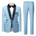 Men slim fit 3-piece business wedding suit shawl lapel light blue blazer vest pants set - Light Blue