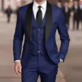 Men's royal blue three-piece tuxedo suit, slim fit formal dress with black shawl lapel. - XS / Set / Navy Blue