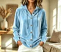 Women light blue velvet hoodie button up casual loose outerwear vintage style apparel detail - S / Tops / Light Blue