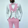 Herren dreiteiliger Slim Fit Anzug, weiße Jacke mit rosa Revers, Weste und Hose für Feste. - XS / Oberteil Und Hose / Rosa
